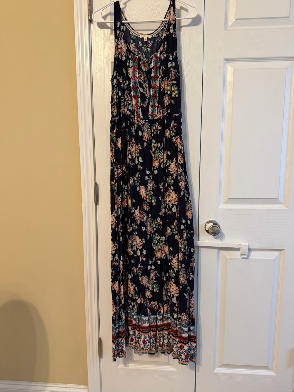 Navy Floral Maxi Dress with Multicolor Embroidered Bodice